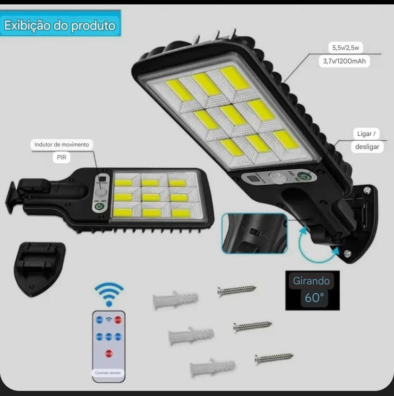 Lâmpada LED com PIR para parede – luz de rua com energia solar e controle remoto