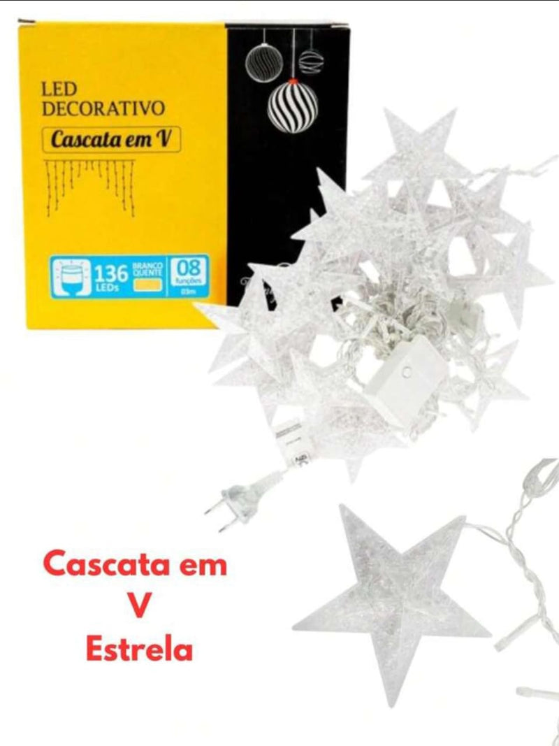 Cascata em V Estrela Natal 3 Metros 8 Funções 136 LEDs Branco Quente 110v