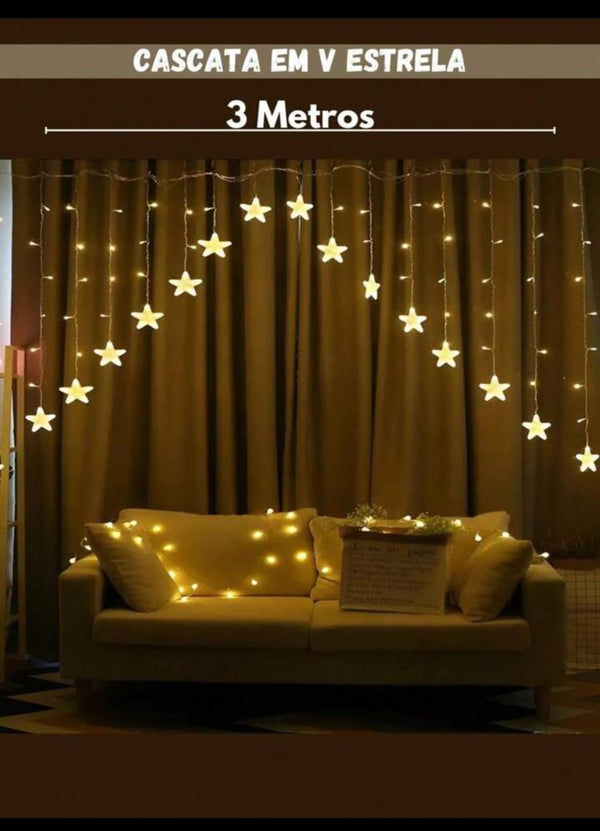 Cascata em V Estrela Natal 3 Metros 8 Funções 136 LEDs Branco Quente 110v