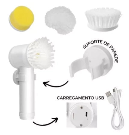 Escova De Limpeza Elétrica Giratória Usb Multi Funções 5 X 1 Acompanha 3 Cabeças Cabo Usb e Suporte de Parede cozinha banheiro vidros