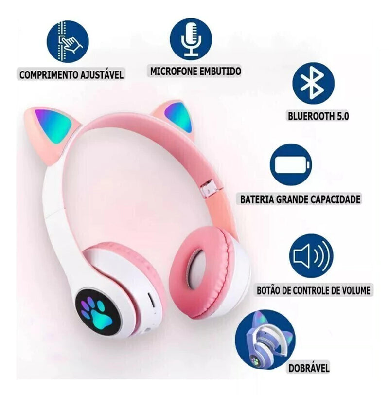 Fone De Ouvido Gatinho Bluetooth Infantil Led Menino Menina