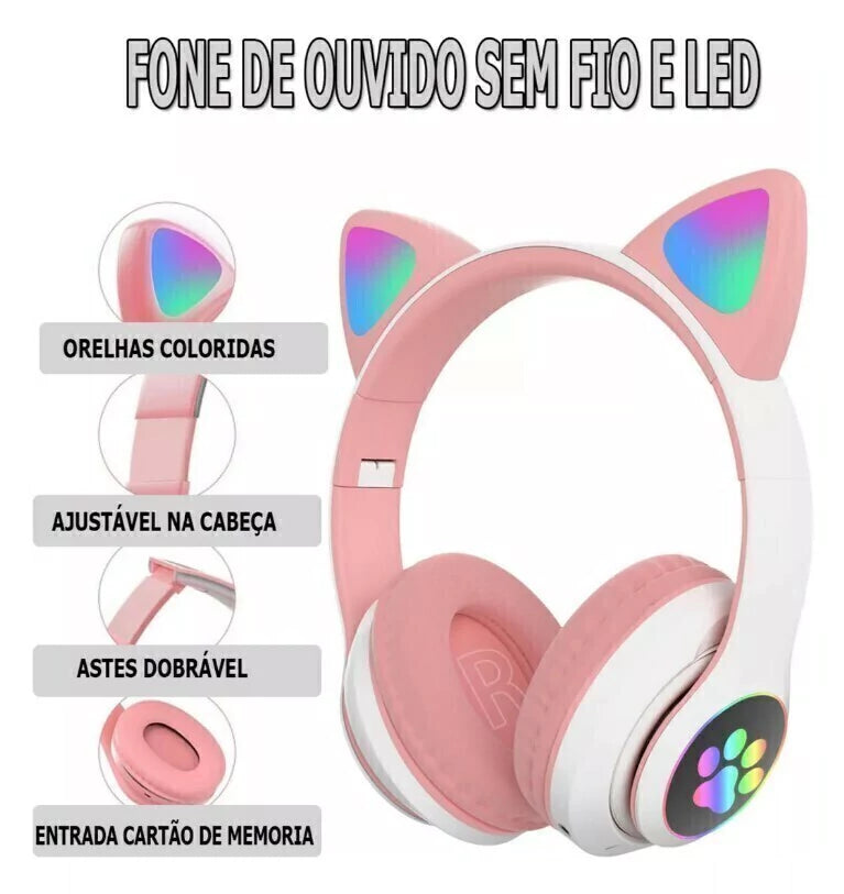 Fone De Ouvido Gatinho Bluetooth Infantil Led Menino Menina