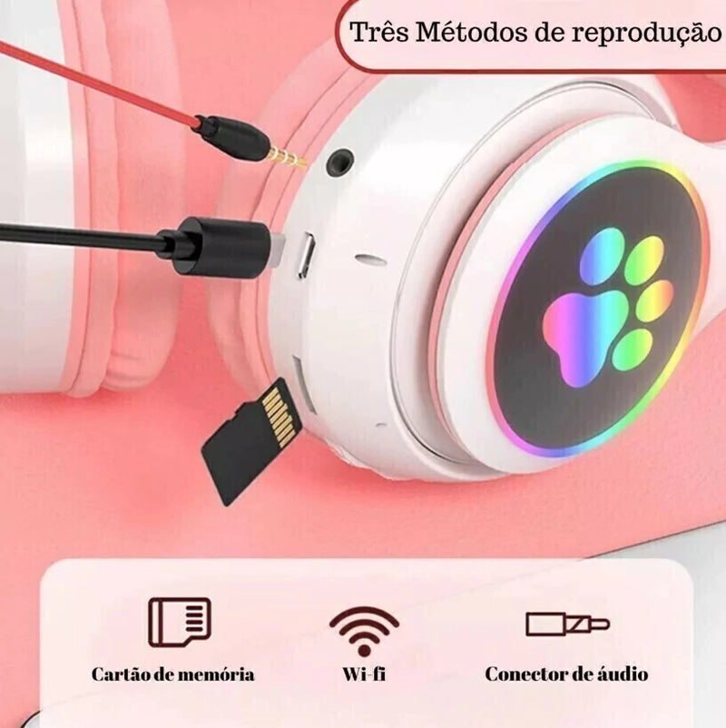 Fone De Ouvido Gatinho Bluetooth Infantil Led Menino Menina